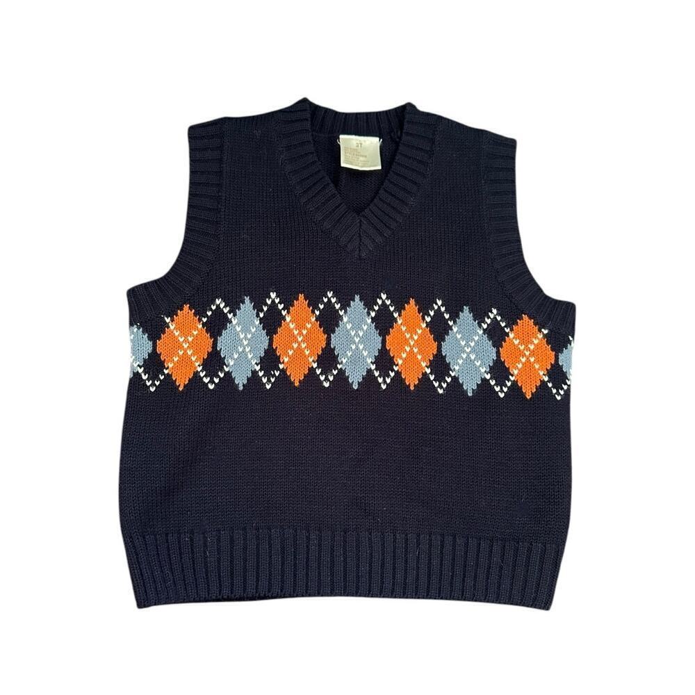 Boys 3T Vintage Navy Blue Sweater Vest With a Orange & Light Blue Argyle Print‌‌